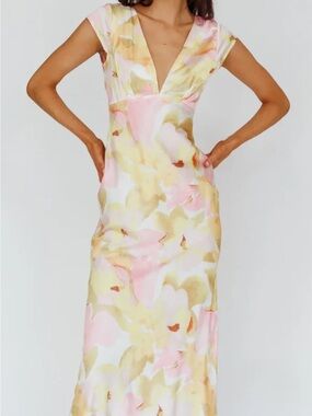 Watercolor V-Neck Maxi Dress in Pink & Cream